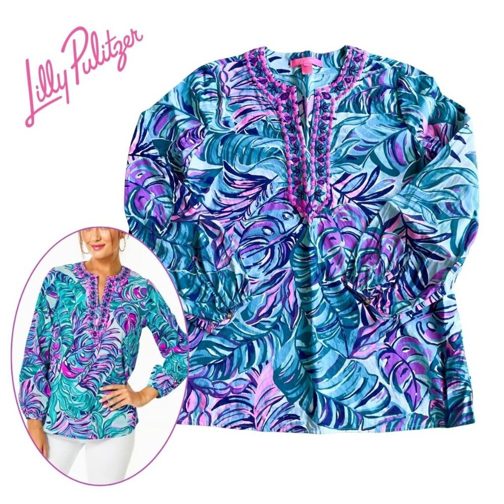 Lilly Pulitzer Coretta Tunic, Don't Wanna Leaf Seasalt Blue - Sz XS (Runs Big)